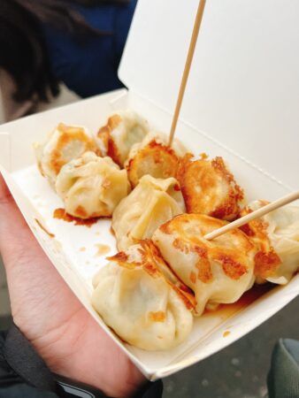 平溪天燈節に出店していた屋台で購入した、ミニ餃子8個入セット。お値段は70元。